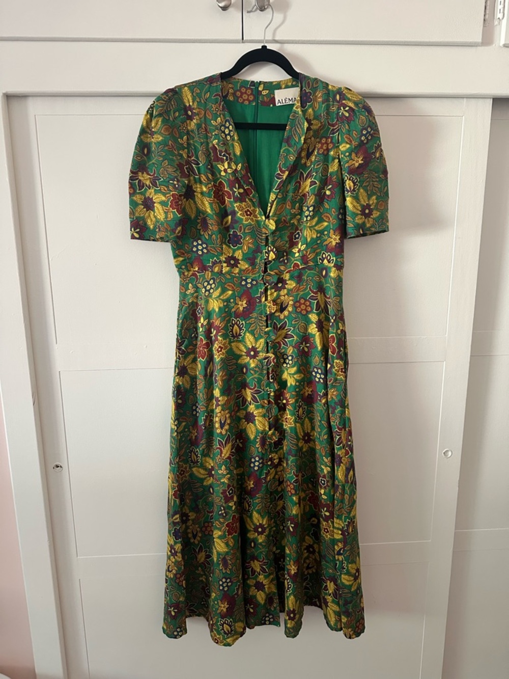 Alemais Isabella V Midi Linen Green Floral Dress